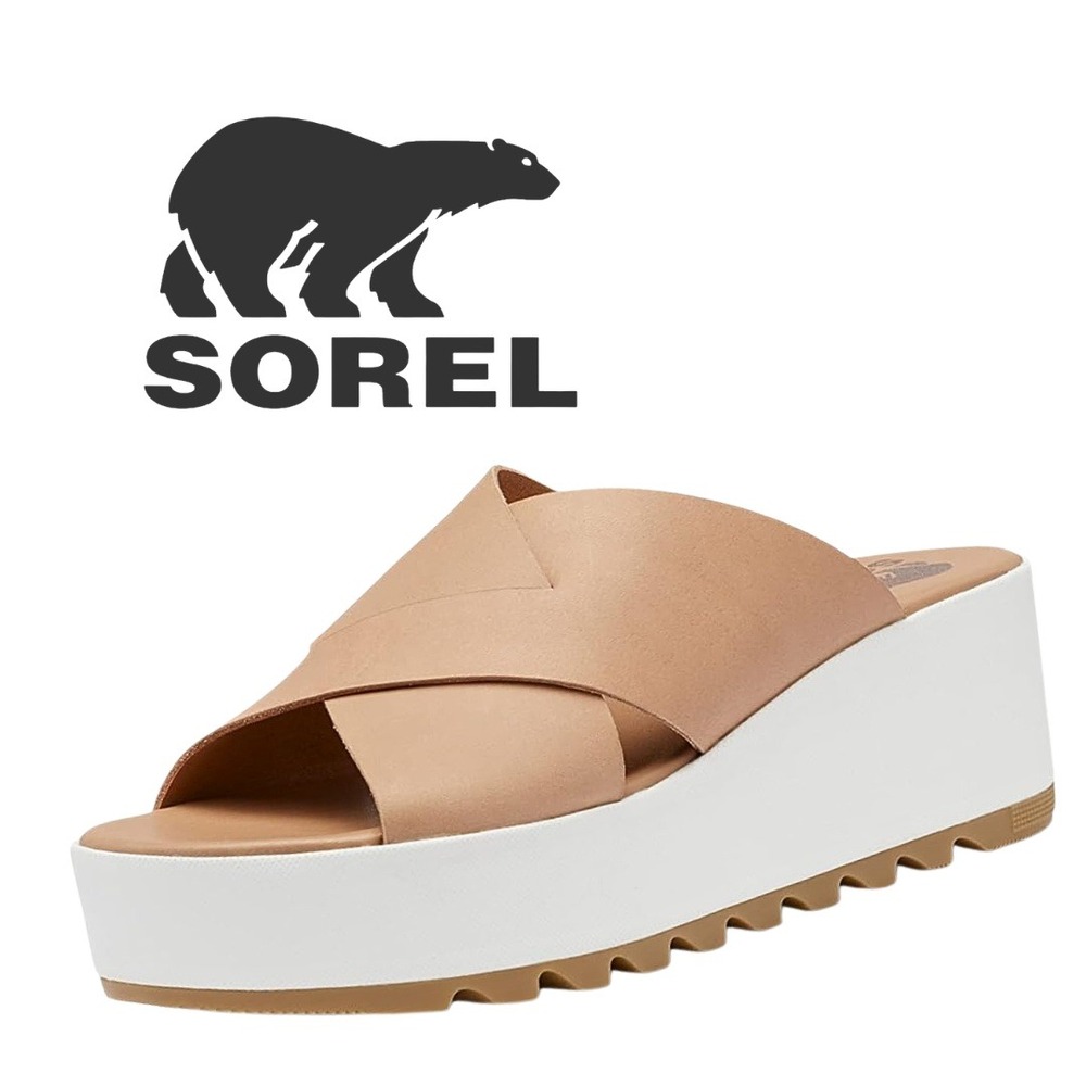 Sorel, Cameron Platform Wedge Sandals Tan Leather Crisscross Strap Slide Size 10